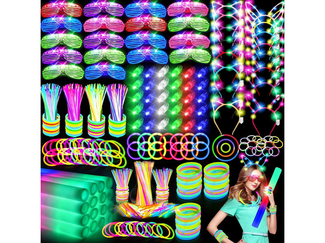 OLUPP 282 PCS Glow in the Dark Party Supplies, 18 Foam Sticks, 18 LED Glasses, 200 Glow Sticks, 30 Finger Lights, 8 Bunny Ear Headband and 8 LED...