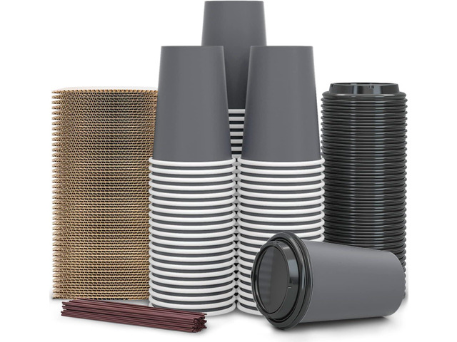 100 Pack - 12 oz Disposable Coffee Cups To Go with Lids Sleeves and Straws 100% Biodegradable & Compostable Pla Eco Friendly Paper Coffee Cups for...