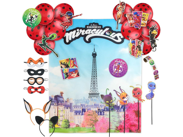 50pc Miraculous Ladybug All-in-One Birthday Party Supplies Set Zag Heroez Celebration Kit with Backdrop, Props & Tableware