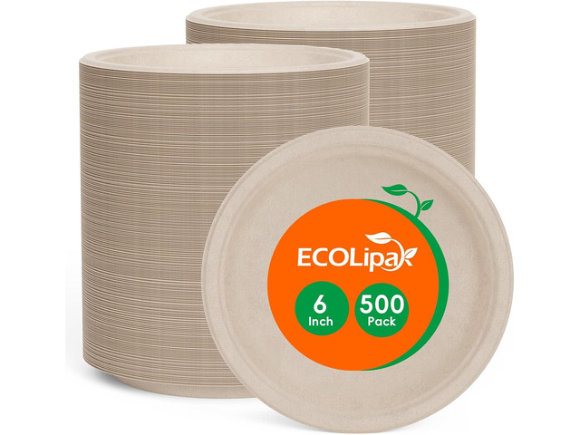 ECOLipak 6 Inch Disposable Compostable Small Paper Plates, 500 Pack Recycled Sugarcane Bagasse Biodegradable Heavy Duty Mini Dinner Appetizer Cake...