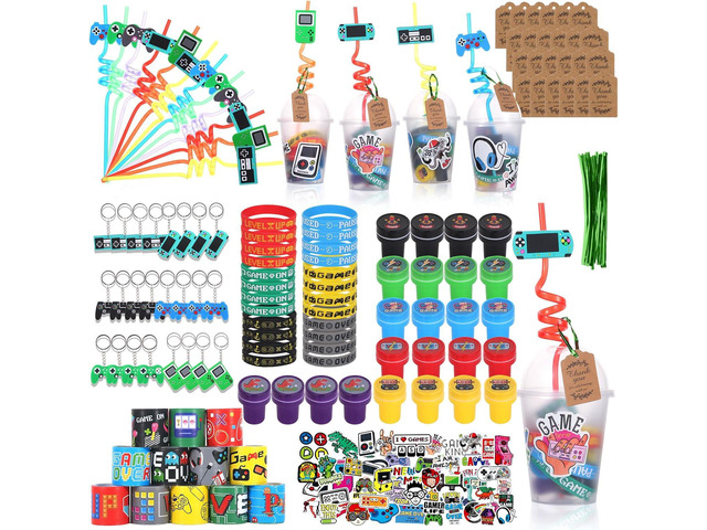 LiYiQ 292 Pcs Video Game Party Favors With Reusable Drinking Straws Cups Slap Bracelets Keychains Gift Tags Stamps Stickers and Twist Ties for...
