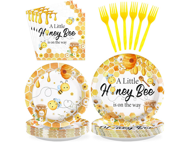 96Pcs Bee Baby Shower Decorations Honey Bumble Bee Baby Shower Plates and Napkins Tableware Sets A Little Honey is On The Way Party Decoration for...