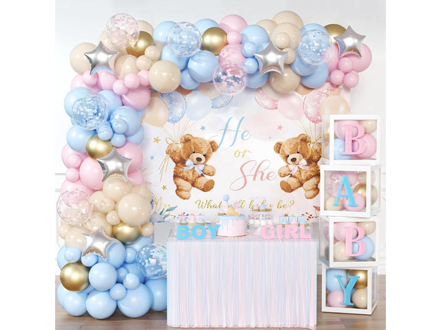 Bear Gender Reveal Decorations - 158pcs Pink Blue Balloon Garland Kit, 4pcs Baby Boxes With Letters, He or She Backdrop, Boy or Girl Bear Theme...