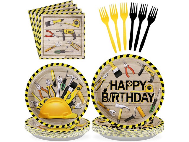 Grencian 96 PCS Handyman Tools Party Supplies Handyman Tools Party Plates 350GSM Disposable Handyman Tools Birthday Tableware Set for Little...