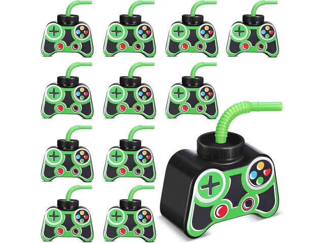 Mifoci 12 Pcs Plastic Video Game Party Cups with Straw and Lid 10oz Gamer Birthday Themed Drink Cups 7th Video Game Party Favors for Kids Toddlers...