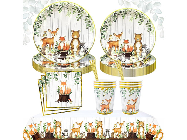 121Pc Woodland Baby Shower Decorations For Boy Or Girl, Birthday Party Supplies, Heavy Duty Sage Green Tablecloth, Paper Plates, Napkins, Straws...