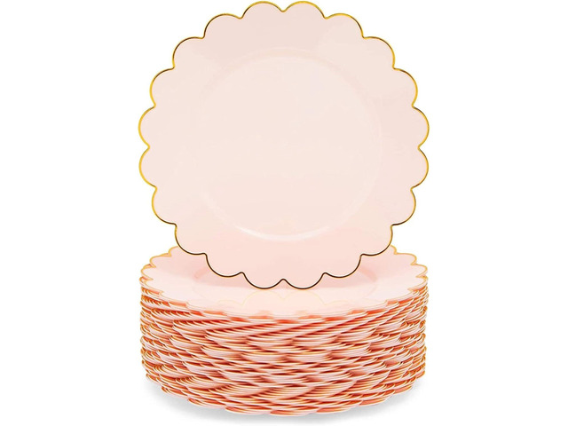 Sparkle and Bash Pink Plastic Plates for Party, 50-Pack - 9 in Pink & Gold Glossy Scalloped Edge - Disposable Heavy-Duty Fancy Plates for Birthday...