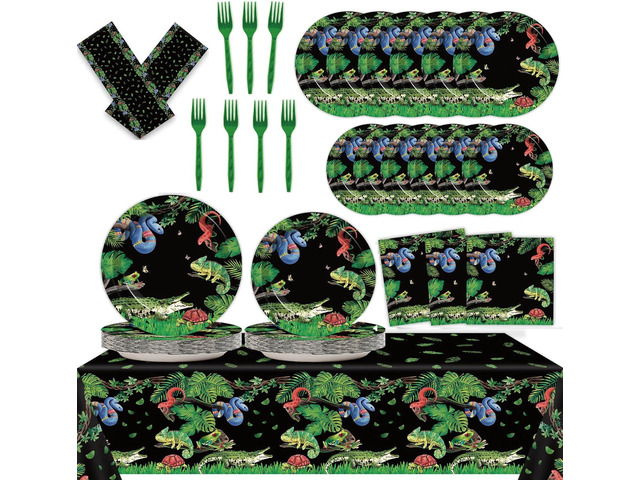 Reptile Lizard Snake Birthday Party Supplies Tableware Kit for 24 Guests Camping Wildlife Snakes Party Plates Napkins Decorations and Favors with...