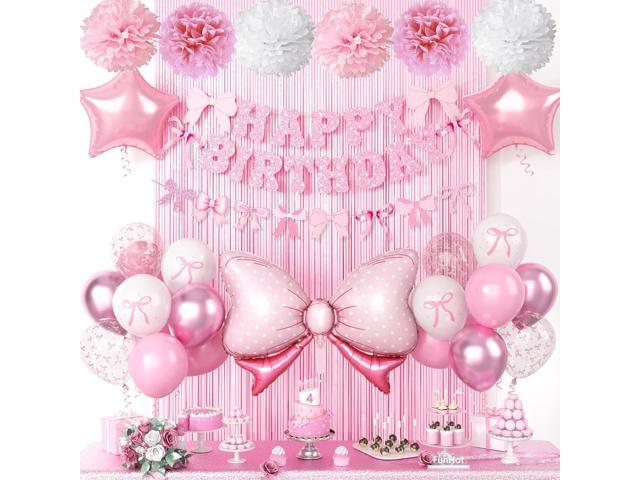 Pink Bow Birthday Party Supplies,Coquette Birthday Decorations,Include Pink and White Bow Balloons Happy Birthday Banner Fringe Curtain Tissue...
