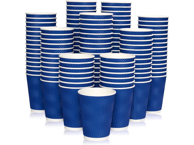 JollyPack 120 Pack 12 oz Paper Coffee Cups, Blue Disposable Beverage Cups with Insulated Ripple Wall for Hot or Cold Drinks