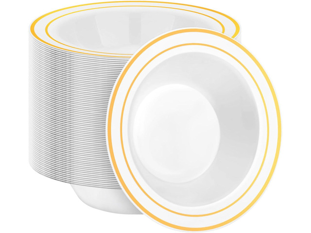 BESTSTAR 100 Pack Disposable Soup Bowls with Gold Rim, 12oz Premium Heavy Duty Plastic Dinner Bowls for Party, Wedding and Holiday