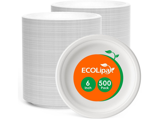 ECOLipak 6 Inch Disposable Compostable Small Paper Plates, 500 Pack Recycled Sugarcane Bagasse Biodegradable Heavy Duty Mini Dinner Appetizer Cake...
