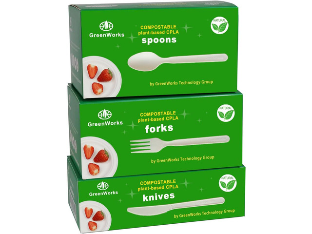 GreenWorks 300 Count 7' Heavy-duty Compostable Cutlery Set,100 Forks 100 Spoons 100 Knives,BPI Certified Large t Disposable Bio-based Cutlery