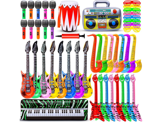 Max Fun Inflatable Rock Star Toy Set, 48pcs Inflatable Party Props for Kids 80s 90s Party Decorations Inflatable Guitars Inflate Rock Band...