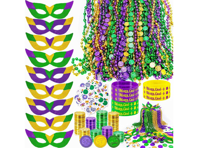 MGparty 216 PCS Mardi Gras Accessories - Masks Beads Necklaces Coins Tattoos Bracelets Carnival Parade Masquerade Party Decorations Supplies