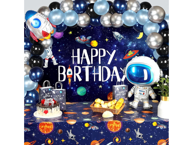 Sumind 47 Pcs Outer Space Birthday Party Decoration Set, Solar System Astronaut Rocket Backdrop Banner Tablecloth Balloons Space Birthday Party...