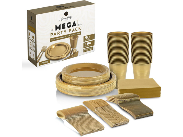 Grandipity 350 Piece Gold Disposable Dinnerware Set, Includes 50 of Each: 9' Dinner Plates, 7' Dessert Plates, 12oz Cups, Paper Napkins, Forks,...