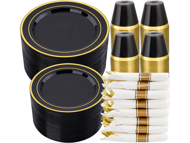 realluck 350 PCS Black Plastic Dinnerware Set for 50 Guests, 100 Disposable Plates for Party, 50 Pre Rolled Napkins with Gold Silverware, 50 Cups...