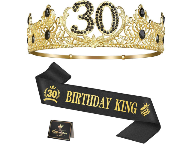 Asija 30th Birthday Gifts for Men, 30th Birthday Decorations for Men, Party Decor Supplies including King Crown & Sash & Greeting Card