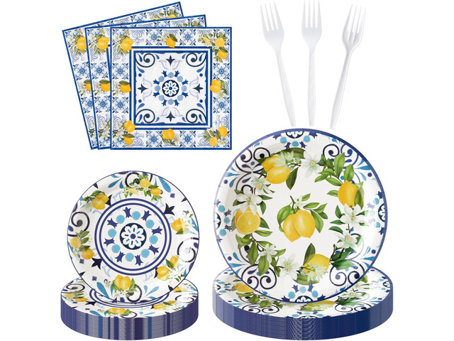 96Pcs Capri Lemon Blue Tiles Yellow Lemon Summer Citrus Fruit Party Plates Supplies Tableware Decorations Disposable Paper Plates Napkins Forks for...