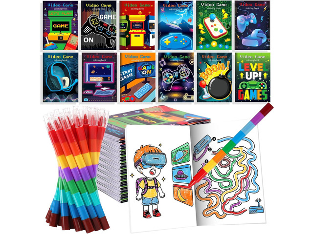 BenLouis 12 Video Game Mini Coloring Books Kids with 12 Stacking Crayons Gaming Party Favors Small Activity Books Bulk for Kids Boys Neon Game...