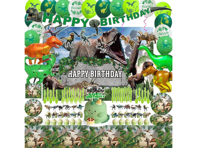 Dinosaur Birthday Party Supplies Decorations Include Backdrop, Tablecloth, Birthday Banners, Cake Decoration, Cupcake Toppers, Latex Balloons,...