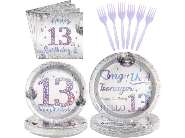 Grencian 96Pcs 13th Birthday Decorations for Girls Silver Disco Iridescent 13th Birthday Plates and Napkins Disposable Paper Tableware for Girls 13...