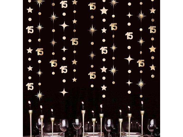 Champagne Gold 15th Birthday Decorations Number 15 Circle Dot Twinkle Star Garland Streamer Banner Backdrop for Girls Boys Cheers to 15 Years Old...