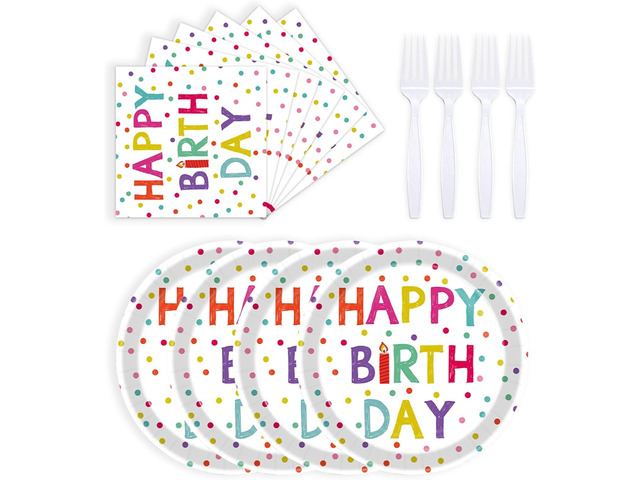 72 Pcs Birthday Plates and Napkins Party Supplies,Happy Birthday Party Plates Napkins Dots Design Tableware Set Decorations for Serves 24 (White)