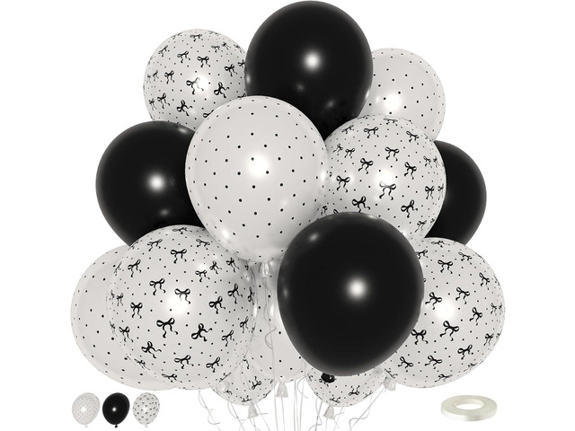 Black and White Bow Balloons, Pearl Black White Bow Print Latex Balloons for Women Girls Coquette Birthday Bachelorette Wedding Bridal Shower...