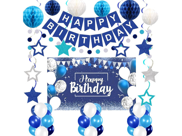 Blue Happy Birthday Decorations, 41 Pack Happy Birthday Banner, Balloons, Backdrop, Hanging Swirl, Honeycomb Ball and Circle Dot Garland Supplies...