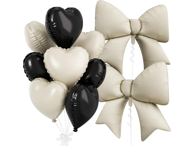 Black Cream Heart Balloons, White Bow Balloons, 10Pcs 18 Inch Heart Shaped Balloon and 38 Inch Helium Bow Foil Balloon for Girls Boys Birthday Baby...
