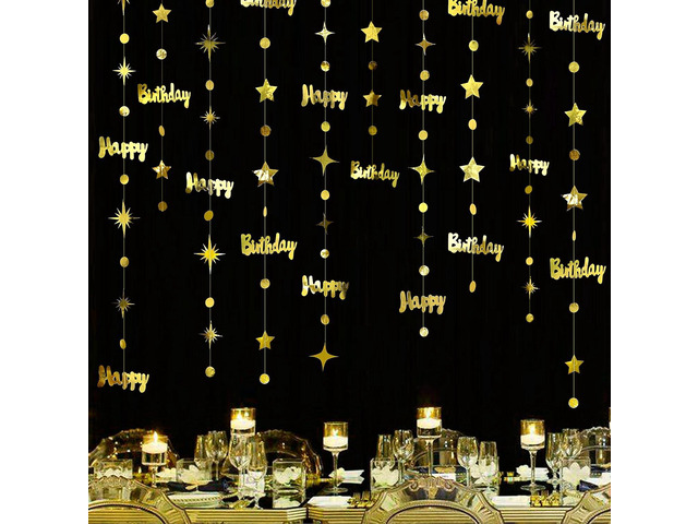 Gold Happy Birthday Decorations Happy Birthday Circle Dot Twinkle Star Garland Metallic Hanging Streamer Bunting Banner Backdrop for 1st 13th 16th...