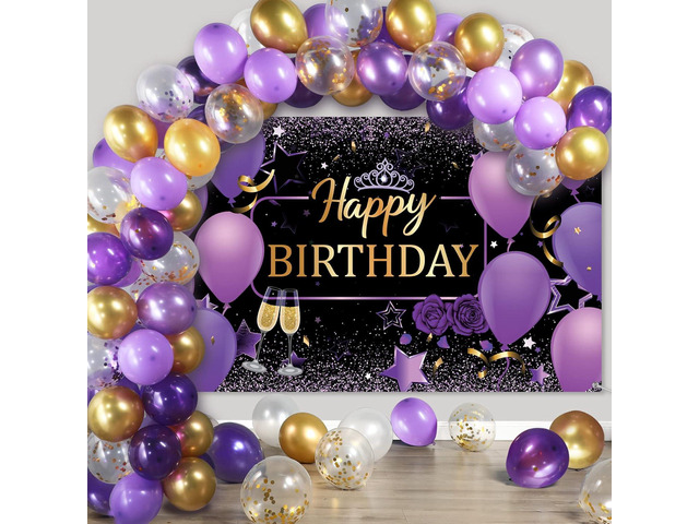 Tatuo Purple and Gold Birthday Party Decorations Purple Gold Confetti Balloons Kit Happy Birthday Photography Backdrop for Girls Ladies Women Party...