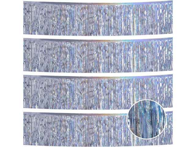 Laser Silver Streamers Party Decorations 4Pack 48FT Table Skirt Tinsel Garland Metallic Parade Float Decorations Ceiling Backdrop Curtain for...