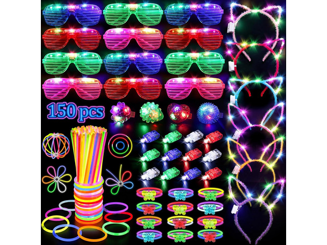 150PCS Glow in the Dark Party Supplies for Kids Adults, Light Up Party Favors with Light Up Glasses, Headband, Rings, 100 Glow Sticks Bulk Party...