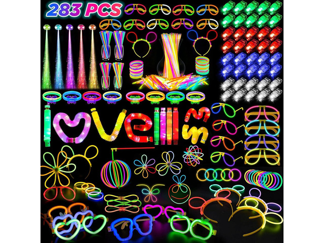 SHQDD Party Supplies, Glow in the Dark Party Favors for Adults Kids, 27 Carnival Accessories, 56 LED Light Up Toys Bulk, 100 Glow Sticks Party...