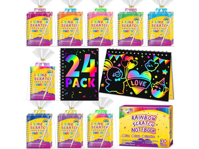 Party Favors for Kids 4-8-12: 24 Pack Scratch Rainbow Art Crafts Notebook, Coloring Book Goodie Bags Stuffers Kit, Bulk Birthday Gift Classroom...