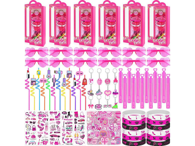 184Pcs Pink Girls Party Favors Pack - For 12Guests, Includ Goodie Box Heart Glasses Straws Bubble Wands Tattoo Sticker Bracelet Keychain, for Kids...