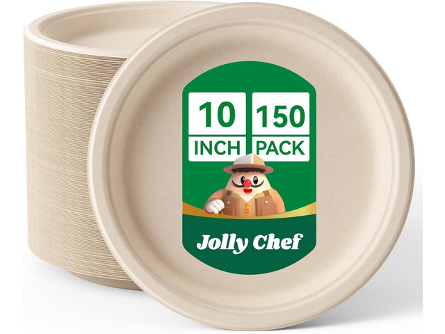 JOLLY CHEF Compostable Heavy Duty Plates [ ] Eco-Friendly Disposable Natural Paper Plates Bagasse Biodegradable Bulk for Party Dinner...