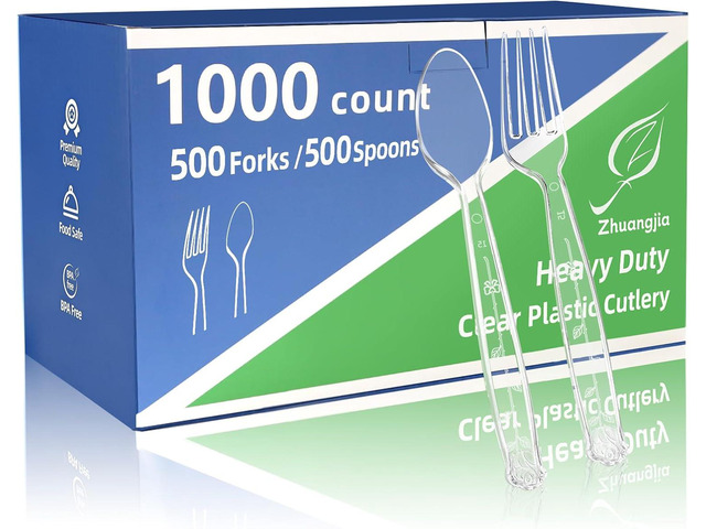 1000 Count Plastic Silverware Heavy Duty 500 Forks 500 Spoons Shatterproof BPA-Free Disposable Cutlery Heat Resistant Disposable Plastic Utensils...