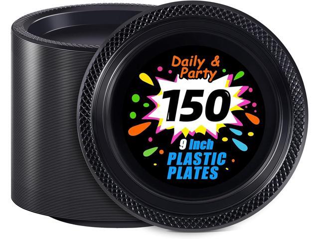 WELLIFE Black Plastic Plates 9 Inch -150 Count for Party, Plastic Disposable Dinner Plates for Halloween Picnic BBQ