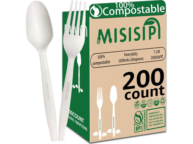 MISISIPI [7In 200Pcs] 100% Compostable Forks and Spoons Utensils Cutlery Silverware Heavyduty Eco-friendly Disposable Plastic free Forks and Spoons...