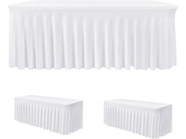 HolidayIdeas 2 Pack Spandex Table Skirt for 6 Ft Rectangle Tables, White Fitted Stretch Tablecloth 30 x 72 Inch, Wrinkle Resistant Ruffle Design...