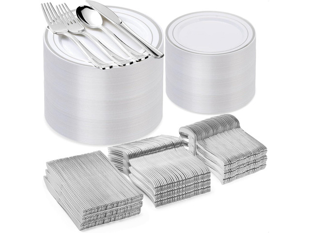 BESTVIP 600PCS Silver Plastic Plate Set (100 Guests), Disposable Plates for Party Wedding Birthday, Dinnerware Set of 200 Plastic Plates, 200...