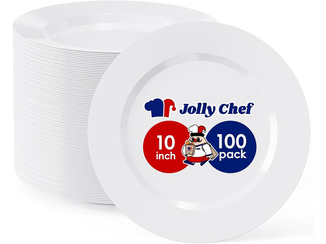 JOLLY CHEF 100 Pieces White Plastic Plates-10 Inch Elegant Disposable Plastic Plate, Disposable White for Weddings,Parties,Christmas,Birthdays and...