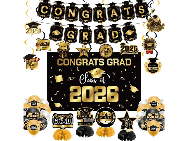 Graduation Decorations 2026 Gold Themed Set - Congrats Grad Banner, Class of 2026 Backdrop, Balloons & Streamers Kit - Complete Party Supplies for...
