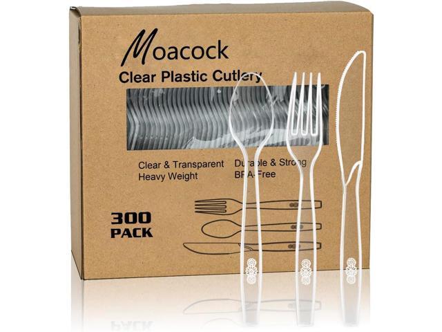 MOACOCK 300 Count Clear Plastic Silverware, Heavy Weight Plastic Forks Spoons Knives Disposable Utensils Cutlery Set for Wedding Party Supplies...