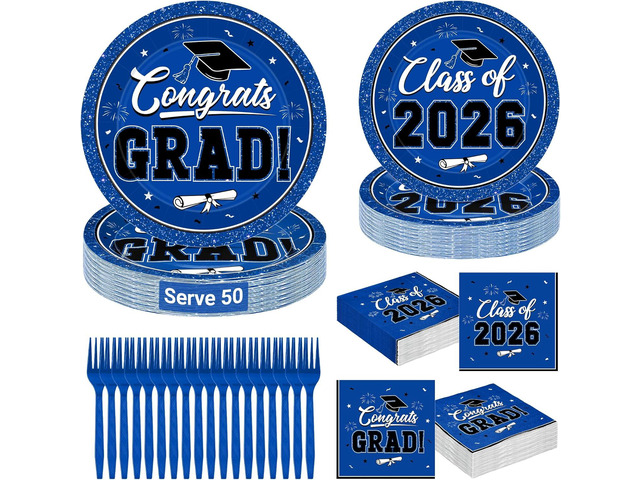 200Pcs Graduation Decorations 2026, Blue Graduation Plates and Napkins Party Supplies for 50 Guests, Disposable Grad Plates, Napkins, Dessert...