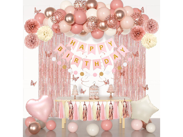 Pink Birthday Party Decorations, Dusty Pink Sand Confetti Rose Gold Balloons Happy Birthday Banner Fringe Curtains Butterfly Hanging Swirls Circle...